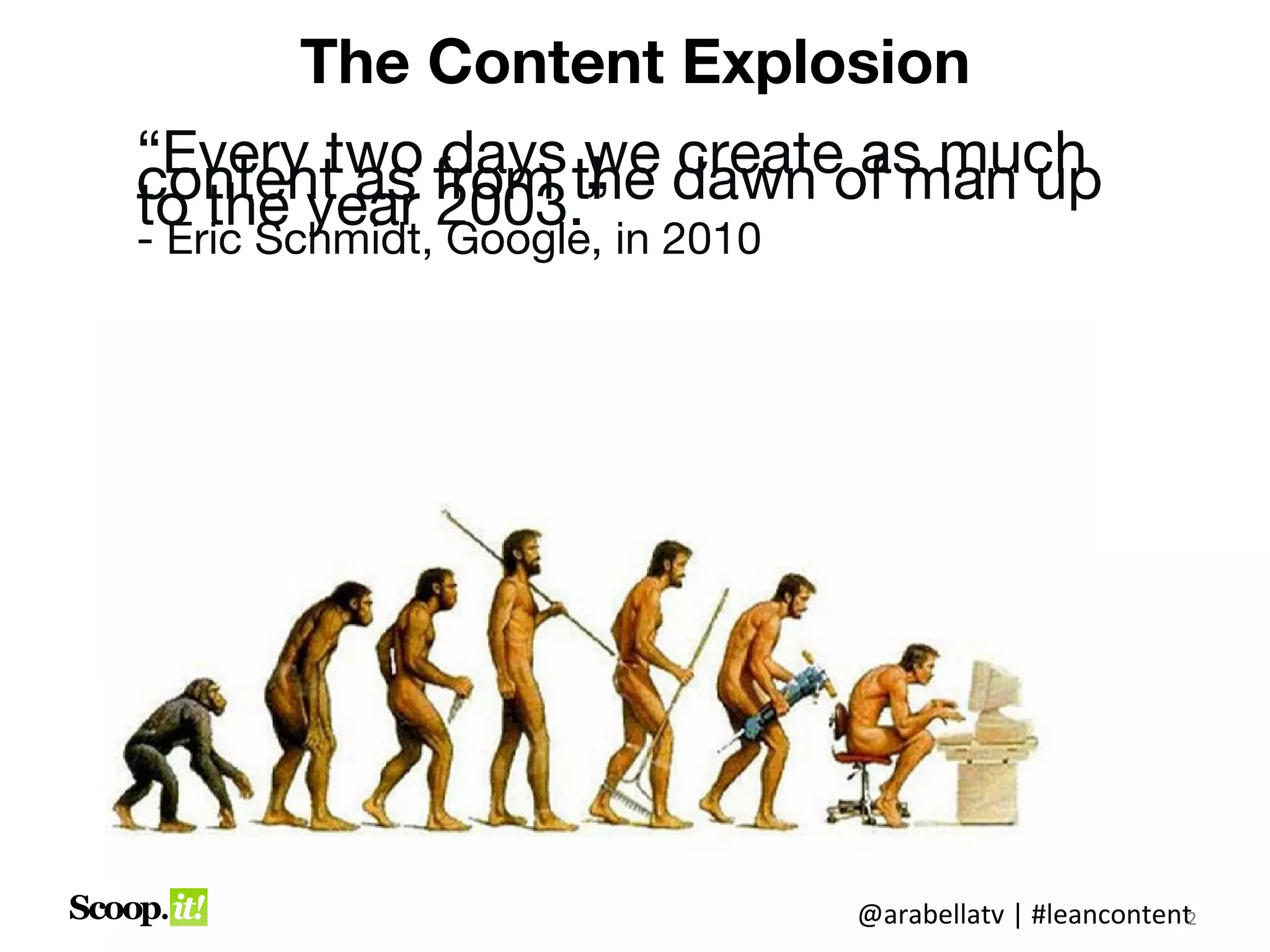 The Content Explosion

“Every two days we create as much
content as from the dawn of man up
to the year 2003.”
            - Eric Schmidt, Google, in 2010




                              @arabellatv | #leancontent2
 