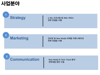 사업분야

1
     Strategy        e-Biz 신규사업 및 Web 서비스
                     전략 컨설팅 수행




2
     Marketing       인터넷 및 New Media 마케팅 커뮤니케이션
                     전략 컨설팅 수행




 3
     Communication   New Media & Tech Trend 분석
                     전략대응 방안 수립
 