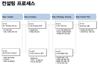 컨설팅 프로세스

Step 1 Insight         Step 2 Analysis          Step 3 Strategy Develop   Step 4 Action Plan



[I-01]                      [A-01]                  [S-01]                    [P-01]
Biz. Strategy Review        e-Biz Strategy 분석       e-Biz Visioning           Roadmap 도출

 Biz 전략 리뷰                  사업전략 분석                e-Biz 전략 방향성 정의          단계별 수행 계획 정의
 사업, 마케팅 전략 리뷰              마케팅 전략 분석              채널 및 사업별 전략정의            수행 체계 및 계획 수립
                                                     단계별 전략 과제 도출




[I-02]                       [A-02]                 [S-02]
Benchmark Analysis           e-Biz Channel 분석       e-Biz 방향성 수립

 경쟁사 벤치마케팅                    플랫폼 분석               사업전략 방향 수립
 고객 분석                        서비스 및 상품 분석          마케팅 전략 방향 수립
 트렌드 및 동향분석                   조직 및 R&R 분석          플랫폼 전략 방향 수립
                                                     조직 및 R&R 수립
 