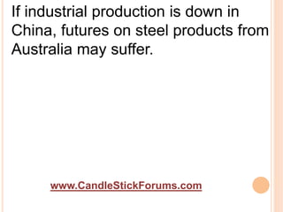 www.CandleStickForums.com
If industrial production is down in
China, futures on steel products from
Australia may suffer.
 