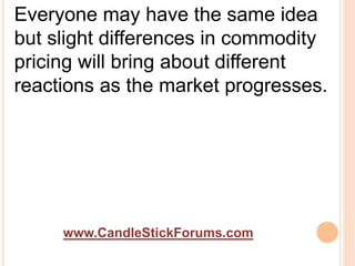 www.CandleStickForums.com
Everyone may have the same idea
but slight differences in commodity
pricing will bring about different
reactions as the market progresses.
 
