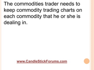 www.CandleStickForums.com
The commodities trader needs to
keep commodity trading charts on
each commodity that he or she is
dealing in.
 