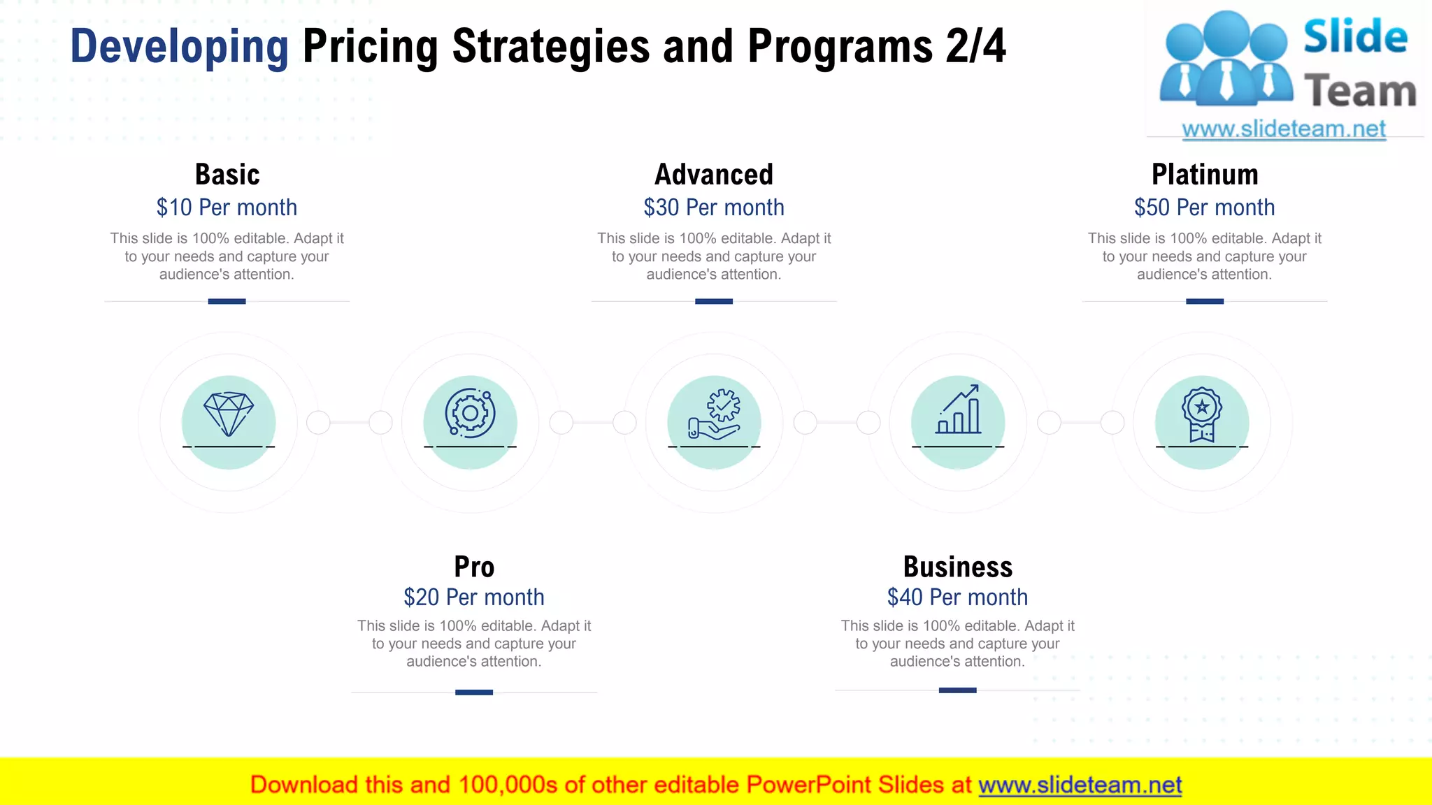 Developing Pricing Strategies and Programs 2/4
36
Basic
$10 Per month
This slide is 100% editable. Adapt it
to your needs and capture your
audience's attention.
Pro
$20 Per month
This slide is 100% editable. Adapt it
to your needs and capture your
audience's attention.
Business
$40 Per month
This slide is 100% editable. Adapt it
to your needs and capture your
audience's attention.
Advanced
$30 Per month
This slide is 100% editable. Adapt it
to your needs and capture your
audience's attention.
Platinum
$50 Per month
This slide is 100% editable. Adapt it
to your needs and capture your
audience's attention.
 