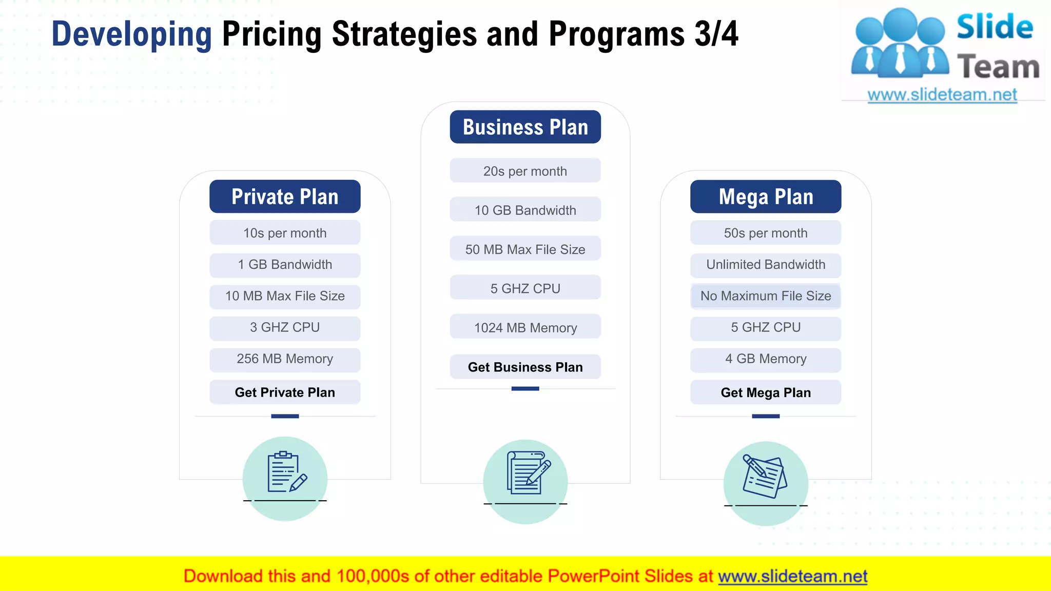 Developing Pricing Strategies and Programs 3/4
37This slide is 100% editable. Adapt it to your needs and capture your audience's attention.
Private Plan
10s per month
1 GB Bandwidth
10 MB Max File Size
3 GHZ CPU
256 MB Memory
Get Private Plan
Business Plan
20s per month
10 GB Bandwidth
50 MB Max File Size
5 GHZ CPU
1024 MB Memory
Get Business Plan
Mega Plan
50s per month
Unlimited Bandwidth
No Maximum File Size
5 GHZ CPU
4 GB Memory
Get Mega Plan
 