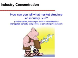 Industry Concentration
How can you tell what market structure
an industry is in?
(In other words, how do you know if a business in a
monopolist, perfectly competitive, or something in between?)
 