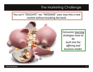© 2015, Erik Simanis 19
You	
  can’t	
  “EDUCATE”	
  nor	
  “MESSAGE”	
  your	
  way	
  into	
  a	
  new	
  
market	
  without	
  breaking	
  the	
  bank.	
  	
  
Consumer	
  learning	
  
strategies	
  have	
  to	
  
be	
  	
  
built	
  into	
  the	
  
oﬀering	
  and	
  
business	
  model.	
  	
  
The Marketing Challenge
 