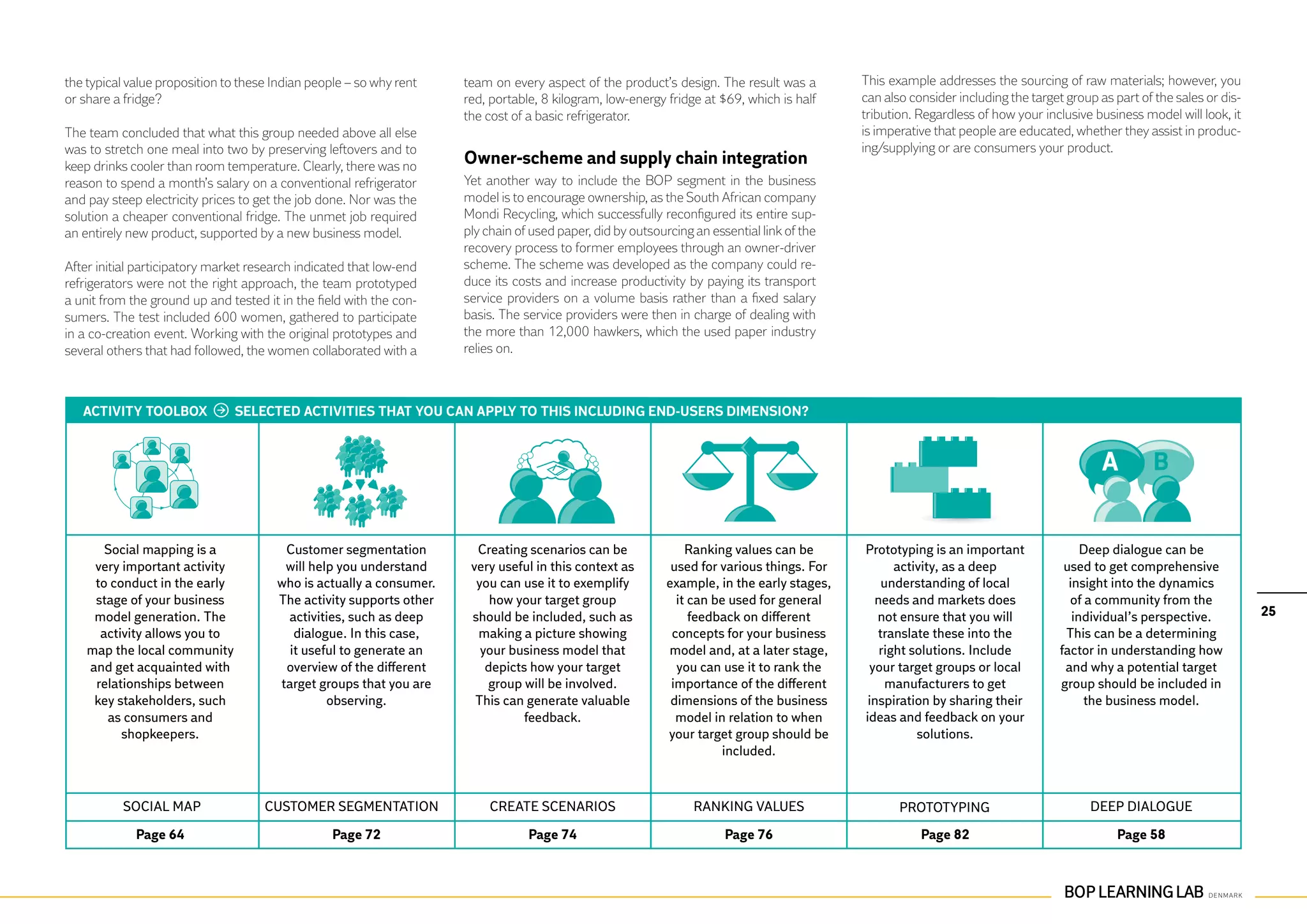 the typical value proposition to these Indian people – so why rent   team on every aspect of the product’s design. The result was a         This example addresses the sourcing of raw materials; however, you
or share a fridge?                                                   red, portable, 8 kilogram, low-energy fridge at $69, which is half     can also consider including the target group as part of the sales or dis-
                                                                     the cost of a basic refrigerator.                                      tribution. Regardless of how your inclusive business model will look, it
The team concluded that what this group needed above all else                                                                               is imperative that people are educated, whether they assist in produc-
was to stretch one meal into two by preserving leftovers and to                                                                             ing/supplying or are consumers your product.
keep drinks cooler than room temperature. Clearly, there was no      Owner-scheme and supply chain integration
reason to spend a month’s salary on a conventional refrigerator      Yet another way to include the BOP segment in the business
and pay steep electricity prices to get the job done. Nor was the    model is to encourage ownership, as the South African company
solution a cheaper conventional fridge. The unmet job required       Mondi Recycling, which successfully reconfigured its entire sup-
an entirely new product, supported by a new business model.          ply chain of used paper, did by outsourcing an essential link of the
                                                                     recovery process to former employees through an owner-driver
After initial participatory market research indicated that low-end   scheme. The scheme was developed as the company could re-
refrigerators were not the right approach, the team prototyped       duce its costs and increase productivity by paying its transport
a unit from the ground up and tested it in the field with the con-   service providers on a volume basis rather than a fixed salary
sumers. The test included 600 women, gathered to participate         basis. The service providers were then in charge of dealing with
in a co-creation event. Working with the original prototypes and     the more than 12,000 hawkers, which the used paper industry
several others that had followed, the women collaborated with a      relies on.



   ACTIVITY TOOLBOX            SELECTED ACTIVITIES THAT YOU CAN APPLY TO THIS INCLUDING END-USERS DIMENSION?




       Social mapping is a              Customer segmentation          Creating scenarios can be                Ranking values can be       Prototyping is an important                Deep dialogue can be
     very important activity            will help you understand      very useful in this context as         used for various things. For         activity, as a deep              used to get comprehensive
     to conduct in the early           who is actually a consumer.     you can use it to exemplify          example, in the early stages,       understanding of local              insight into the dynamics
     stage of your business            The activity supports other        how your target group               it can be used for general      needs and markets does                of a community from the
     model generation. The              activities, such as deep      should be included, such as                feedback on different         not ensure that you will              individual’s perspective.          25
      activity allows you to              dialogue. In this case,      making a picture showing              concepts for your business        translate these into the            This can be a determining
    map the local community              it useful to generate an       your business model that            model and, at a later stage,       right solutions. Include           factor in understanding how
    and get acquainted with             overview of the different        depicts how your target              you can use it to rank the     your target groups or local           and why a potential target
     relationships between             target groups that you are        group will be involved.             importance of the different         manufacturers to get             group should be included in
     key stakeholders, such                     observing.             This can generate valuable            dimensions of the business      inspiration by sharing their              the business model.
       as consumers and                                                         feedback.                     model in relation to when     ideas and feedback on your
          shopkeepers.                                                                                      your target group should be               solutions.
                                                                                                                      included.


          Social map                 Customer segmentation                Create scenarios                       Ranking values                    Prototyping                         Deep dialogue

             Page 64                              Page 72                        Page 74                               Page 76                         Page 82                               Page 58
 