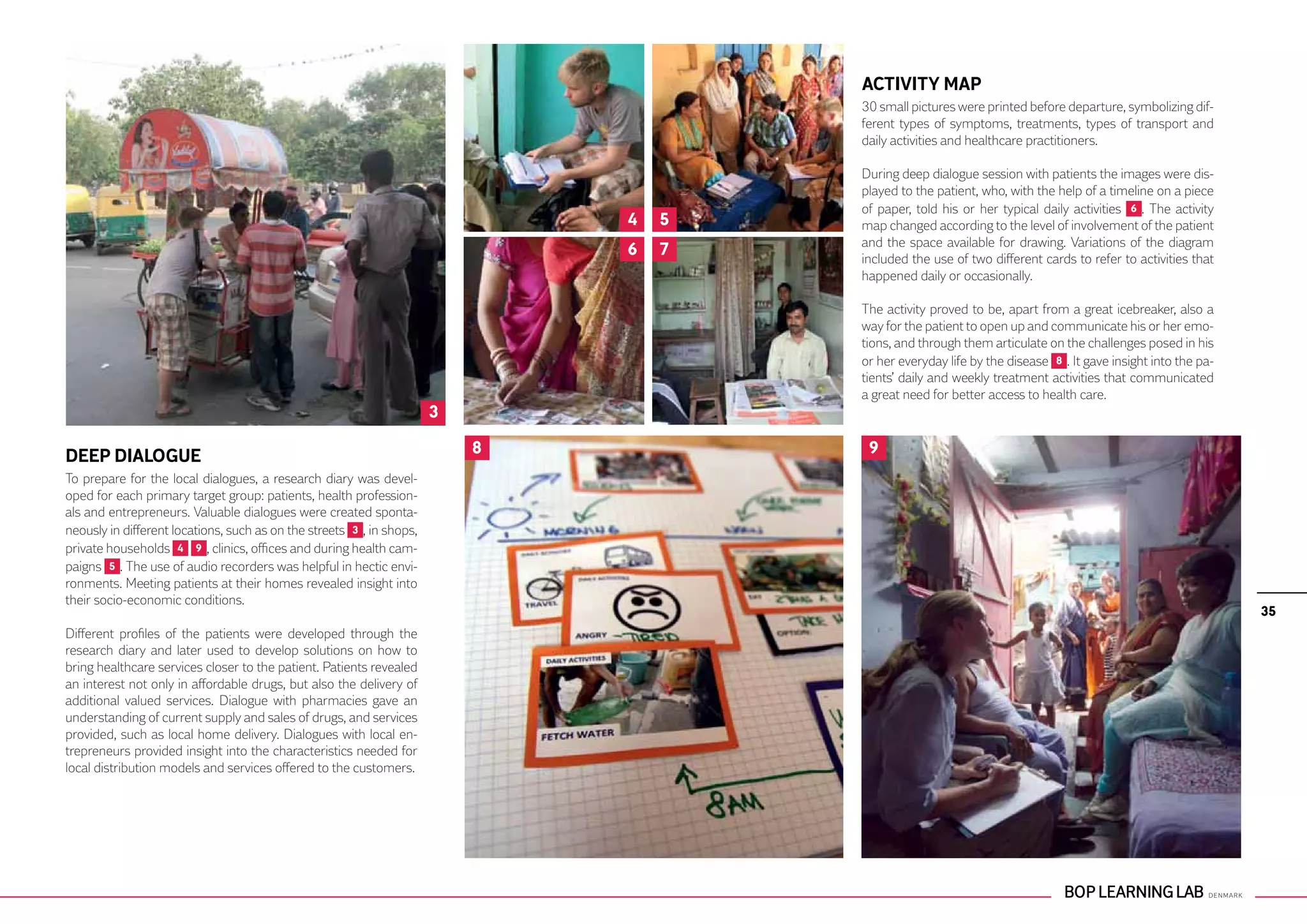 ACTIVITY MAP
                                                                                       30 small pictures were printed before departure, symbolizing dif-
                                                                                       ferent types of symptoms, treatments, types of transport and
                                                                                       daily activities and healthcare practitioners.

                                                                                       During deep dialogue session with patients the images were dis-
                                                                                       played to the patient, who, with the help of a timeline on a piece
                                                                                       of paper, told his or her typical daily activities 6 . The activity
                                                                               4   5   map changed according to the level of involvement of the patient
                                                                                       and the space available for drawing. Variations of the diagram
                                                                               6   7   included the use of two different cards to refer to activities that
                                                                                       happened daily or occasionally.

                                                                                       The activity proved to be, apart from a great icebreaker, also a
                                                                                       way for the patient to open up and communicate his or her emo-
                                                                                       tions, and through them articulate on the challenges posed in his
                                                                                       or her everyday life by the disease 8 . It gave insight into the pa-
                                                                                       tients’ daily and weekly treatment activities that communicated
                                                                                       a great need for better access to health care.
                                                                       3

DEEP DIALOGUE                                                              8            9
To prepare for the local dialogues, a research diary was devel-
oped for each primary target group: patients, health profession-
als and entrepreneurs. Valuable dialogues were created sponta-
neously in different locations, such as on the streets 3 , in shops,
private households 4 9 , clinics, offices and during health cam-
paigns 5 . The use of audio recorders was helpful in hectic envi-
ronments. Meeting patients at their homes revealed insight into
their socio-economic conditions.
                                                                                                                                                              35
Different profiles of the patients were developed through the
research diary and later used to develop solutions on how to
bring healthcare services closer to the patient. Patients revealed
an interest not only in affordable drugs, but also the delivery of
additional valued services. Dialogue with pharmacies gave an
understanding of current supply and sales of drugs, and services
provided, such as local home delivery. Dialogues with local en-
trepreneurs provided insight into the characteristics needed for
local distribution models and services offered to the customers.
 