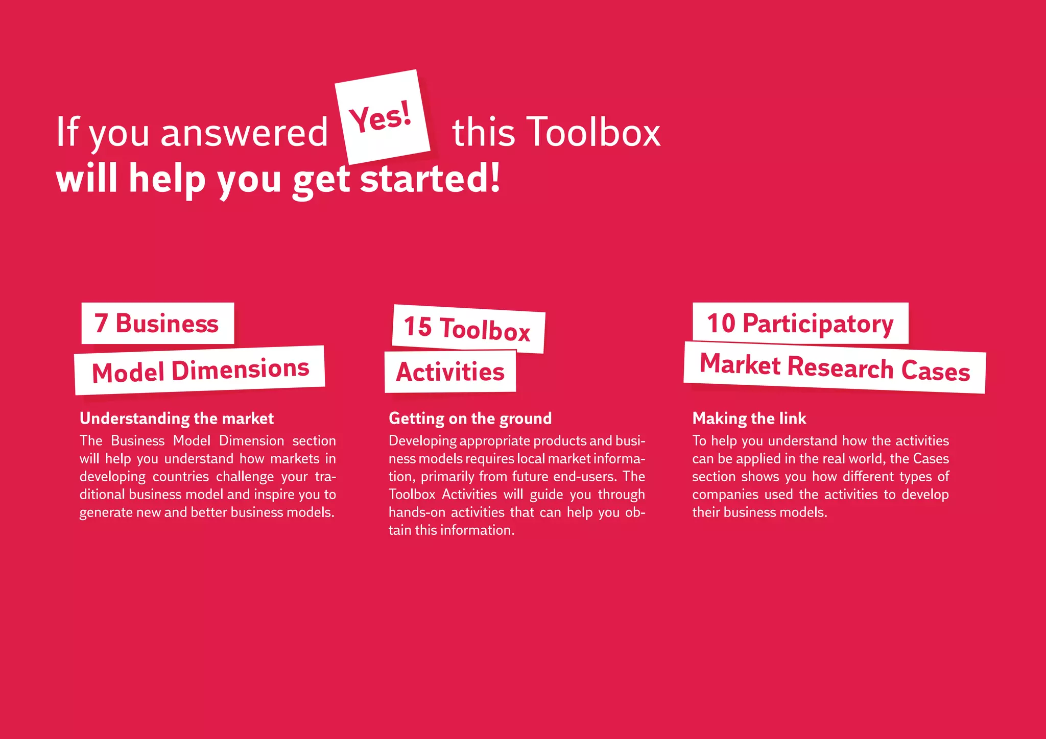 If you answered        this Toolbox           Yes!
                                              	
will help you get started!


   7 Business                                     15 Toolbox                                  10 Participatory
   Model Dimensions                              Activities                                   Market Research Cases
 Understanding the market                       Getting on the ground                        Making the link
 The Business Model Dimension section           Developing appropriate products and busi-    To help you understand how the activities
 will help you understand how markets in        ness models requires local market informa-   can be applied in the real world, the Cases
 developing countries challenge your tra-       tion, primarily from future end-users. The   section shows you how different types of
 ditional business model and inspire you to     Toolbox Activities will guide you through    companies used the activities to develop
 generate new and better business models.       hands-on activities that can help you ob-    their business models.
                                                tain this information.
 