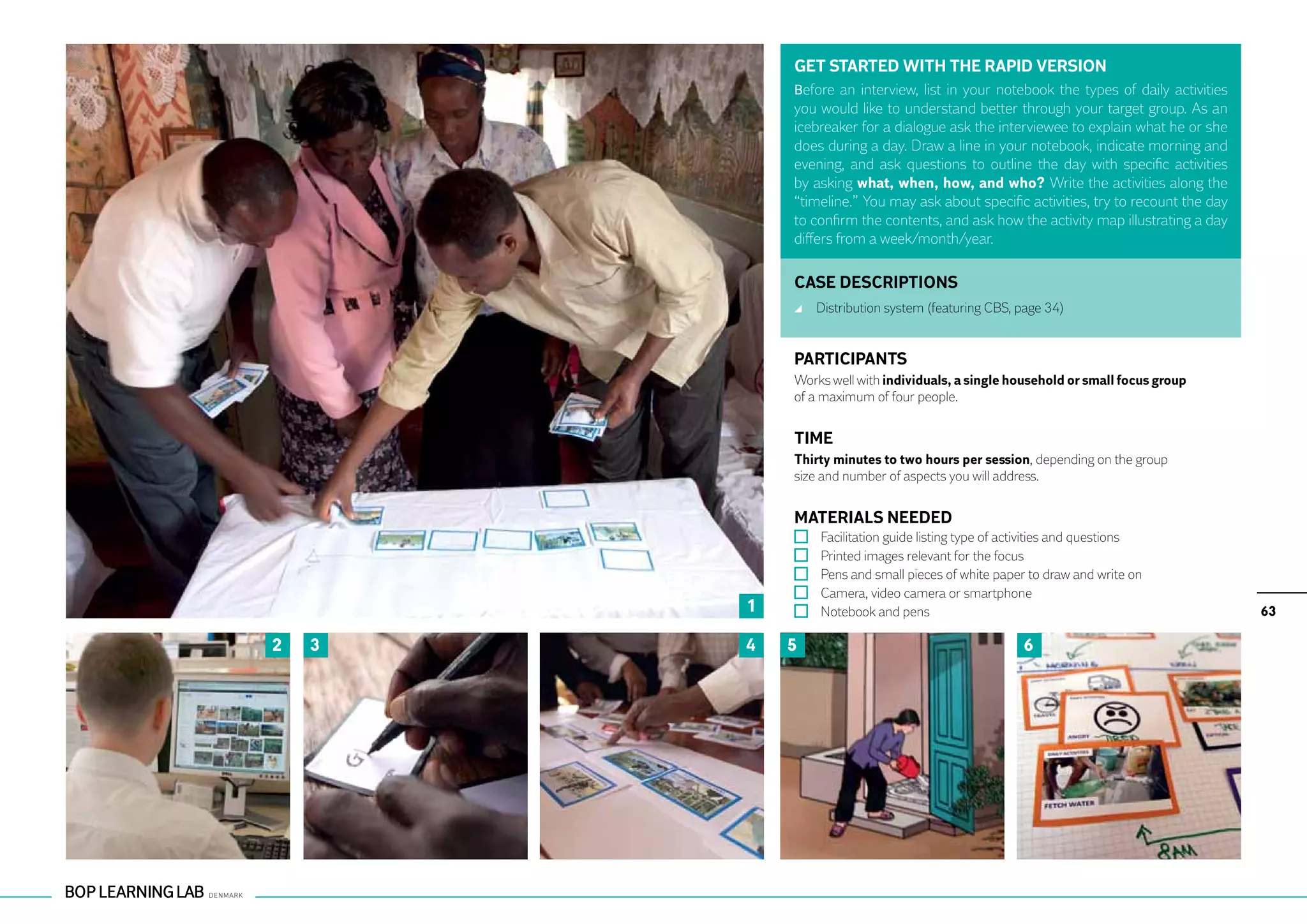 GET STARTED WITH THE RAPID VERSION
            Before an interview, list in your notebook the types of daily activities
            you would like to understand better through your target group. As an
            icebreaker for a dialogue ask the interviewee to explain what he or she
            does during a day. Draw a line in your notebook, indicate morning and
            evening, and ask questions to outline the day with specific activities
            by asking what, when, how, and who? Write the activities along the
            “timeline.” You may ask about specific activities, try to recount the day
            to confirm the contents, and ask how the activity map illustrating a day
            differs from a week/month/year.

            CASE DESCRIPTIONS
                	 Distribution system (featuring CBS, page 34)


            PARTICIPANTS
            Works well with individuals, a single household or small focus group
            of a maximum of four people.


            TIME
            Thirty minutes to two hours per session, depending on the group
            size and number of aspects you will address.


            MATERIALS NEEDED
                	   Facilitation guide listing type of activities and questions
                	   Printed images relevant for the focus
                	   Pens and small pieces of white paper to draw and write on
                	   Camera, video camera or smartphone
        1       	   Notebook and pens                                                   63

2   3   4   5                                            6
 