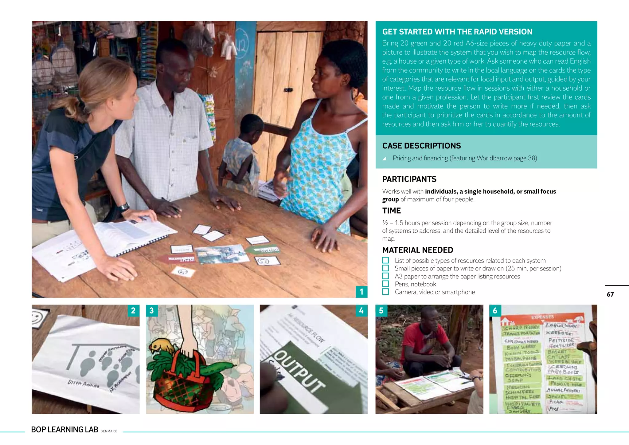 GET STARTED WITH THE RAPID VERSION
            Bring 20 green and 20 red A6-size pieces of heavy duty paper and a
            picture to illustrate the system that you wish to map the resource flow,
            e.g. a house or a given type of work. Ask someone who can read English
            from the community to write in the local language on the cards the type
            of categories that are relevant for local input and output, guided by your
            interest. Map the resource flow in sessions with either a household or
            one from a given profession. Let the participant first review the cards
            made and motivate the person to write more if needed, then ask
            the participant to prioritize the cards in accordance to the amount of
            resources and then ask him or her to quantify the resources.

            CASE DESCRIPTIONS
                	 Pricing and financing (featuring Worldbarrow page 38)


            PARTICIPANTS
            Works well with individuals, a single household, or small focus
            group of maximum of four people.
            TIME
            ½ – 1.5 hours per session depending on the group size, number
            of systems to address, and the detailed level of the resources to
            map.
            MATERIAL NEEDED
                	   List of possible types of resources related to each system
                	   Small pieces of paper to write or draw on (25 min. per session)
                	   A3 paper to arrange the paper listing resources
                	   Pens, notebook
        1       	   Camera, video or smartphone                                          67

2   3   4   5                                           6
 