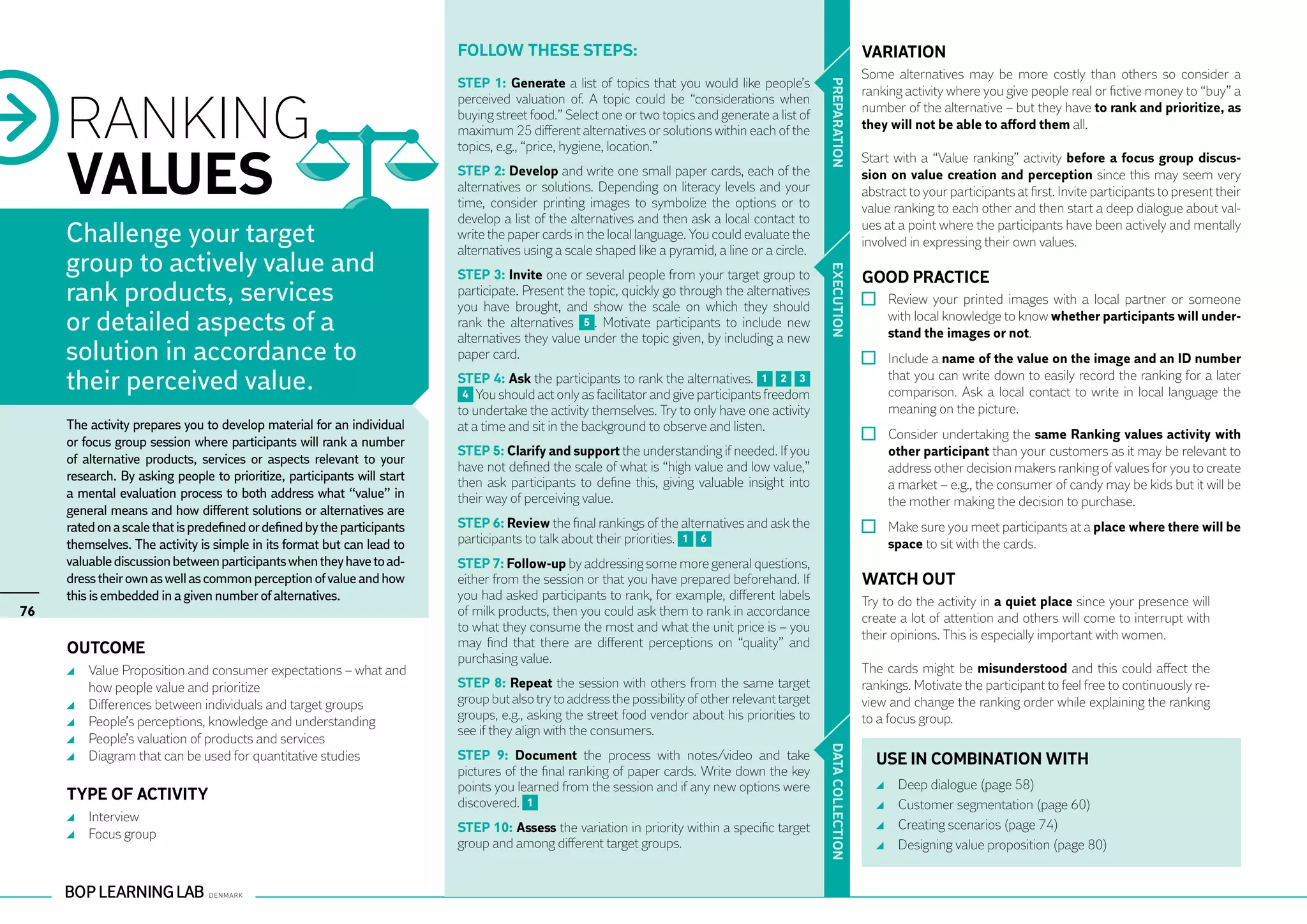 Follow these steps:                                                                     VARIATION
                                                                                                                                                                  Some alternatives may be more costly than others so consider a
                                                                          STEP 1: Generate a list of topics that you would like people’s




                                                                                                                                                   PR EPARATION
                                                                                                                                                                  ranking activity where you give people real or fictive money to “buy” a


     RANKING
                                                                          perceived valuation of. A topic could be “considerations when
                                                                                                                                                                  number of the alternative – but they have to rank and prioritize, as
                                                                          buying street food.” Select one or two topics and generate a list of
                                                                          maximum 25 different alternatives or solutions within each of the                       they will not be able to afford them all.
                                                                          topics, e.g., “price, hygiene, location.”


     VALUES
                                                                                                                                                                  Start with a “Value ranking” activity before a focus group discus-
                                                                          STEP 2: Develop and write one small paper cards, each of the                            sion on value creation and perception since this may seem very
                                                                          alternatives or solutions. Depending on literacy levels and your                        abstract to your participants at first. Invite participants to present their
                                                                          time, consider printing images to symbolize the options or to                           value ranking to each other and then start a deep dialogue about val-
                                                                          develop a list of the alternatives and then ask a local contact to
     Challenge your target                                                write the paper cards in the local language. You could evaluate the
                                                                          alternatives using a scale shaped like a pyramid, a line or a circle.
                                                                                                                                                                  ues at a point where the participants have been actively and mentally
                                                                                                                                                                  involved in expressing their own values.
     group to actively value and




                                                                                                                                                   EXECUTION
                                                                          STEP 3: Invite one or several people from your target group to                          GOOD PRACTICE
     rank products, services                                              participate. Present the topic, quickly go through the alternatives
                                                                          you have brought, and show the scale on which they should                                 	 Review your printed images with a local partner or someone
     or detailed aspects of a                                             rank the alternatives 5 . Motivate participants to include new
                                                                          alternatives they value under the topic given, by including a new
                                                                                                                                                                      with local knowledge to know whether participants will under-
                                                                                                                                                                      stand the images or not.
     solution in accordance to                                            paper card.                                                                               	 Include a name of the value on the image and an ID number
     their perceived value.                                               STEP 4: Ask the participants to rank the alternatives. 1 2 3
                                                                           4 You should act only as facilitator and give participants freedom
                                                                                                                                                                      that you can write down to easily record the ranking for a later
                                                                                                                                                                      comparison. Ask a local contact to write in local language the
                                                                          to undertake the activity themselves. Try to only have one activity                         meaning on the picture.
     The activity prepares you to develop material for an individual      at a time and sit in the background to observe and listen.
     or focus group session where participants will rank a number                                                                                                   	 Consider undertaking the same Ranking values activity with
                                                                          STEP 5: Clarify and support the understanding if needed. If you                             other participant than your customers as it may be relevant to
     of alternative products, services or aspects relevant to your
                                                                          have not defined the scale of what is “high value and low value,”                           address other decision makers ranking of values for you to create
     research. By asking people to prioritize, participants will start    then ask participants to define this, giving valuable insight into                          a market – e.g., the consumer of candy may be kids but it will be
     a mental evaluation process to both address what “value” in          their way of perceiving value.                                                              the mother making the decision to purchase.
     general means and how different solutions or alternatives are
     rated on a scale that is predefined or defined by the participants   STEP 6: Review the final rankings of the alternatives and ask the                         	 Make sure you meet participants at a place where there will be
     themselves. The activity is simple in its format but can lead to     participants to talk about their priorities. 1 6                                            space to sit with the cards.
     valuable discussion between participants when they have to ad-       STEP 7: Follow-up by addressing some more general questions,
     dress their own as well as common perception of value and how        either from the session or that you have prepared beforehand. If                        WATCH OUT
     this is embedded in a given number of alternatives.                  you had asked participants to rank, for example, different labels                       Try to do the activity in a quiet place since your presence will
76                                                                        of milk products, then you could ask them to rank in accordance
                                                                                                                                                                  create a lot of attention and others will come to interrupt with
                                                                          to what they consume the most and what the unit price is – you
                                                                                                                                                                  their opinions. This is especially important with women.
     OUTCOME                                                              may find that there are different perceptions on “quality” and
                                                                          purchasing value.
       	 Value Proposition and consumer expectations – what and                                                                                                   The cards might be misunderstood and this could affect the
         how people value and prioritize                                  STEP 8: Repeat the session with others from the same target                             rankings. Motivate the participant to feel free to continuously re-
       	 Differences between individuals and target groups                group but also try to address the possibility of other relevant target                  view and change the ranking order while explaining the ranking
       	 People’s perceptions, knowledge and understanding                groups, e.g., asking the street food vendor about his priorities to                     to a focus group.
                                                                          see if they align with the consumers.
       	 People’s valuation of products and services




                                                                                                                                                   DATA CO
       	 Diagram that can be used for quantitative studies                STEP 9: Document the process with notes/video and take                                    USE IN COMBINATION WITH
                                                                          pictures of the final ranking of paper cards. Write down the key
                                                                          points you learned from the session and if any new options were                             	   Deep dialogue (page 58)
     TYPE OF ACTIVITY                                                     discovered. 1                                                                               	   Customer segmentation (page 60)
       	 Interview
       	 Focus group                                                      STEP 10: Assess the variation in priority within a specific target       LLECTION           	   Creating scenarios (page 74)
                                                                          group and among different target groups.                                                    	   Designing value proposition (page 80)
 