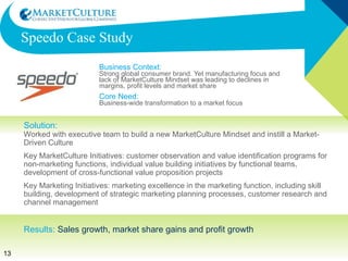 James Hardie Case Study Business Context: Strong global building products company with dominant market share was suffering declining share in one key growth market and poorly timed reactive responses to competitive initiatives in another. Core Need: Business-wide development of a MarketCulture Mindset Solution: Worked with  business unit presidents to benchmark, enhance, embed and measure marketing excellence, develop marketing strategies and preempt competitive innovations. Key MarketCulture Initiatives: Formation of a senior team with representatives from each business unit designed to implement insights, process improvements, new tools and successful market strategy experiences across business units.  Key Marketing Excellence Initiatives: Marketing audits, development and implementation of marketing planning process and education program; implementation of marketing development and training programs to close gaps in marketing profitability and pricing, market segmentation and competitive marketing strategy. Results:  Business unit with declining market share developed strategies to reverse share decline; business unit with poorly timed competitive responses developed ‘pre-emptive competitive strategies; demonstrated world-class marketing excellence metrics -- went from below the benchmark level to best in class. 