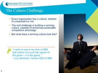 The Culture Challenge Every organization has a culture, whether it’s purposeful or not. The real challenge is building a winning culture, capable of achieving sustainable competitive advantage.  But what does a winning culture look like? “ I came to see in my time at IBM, that culture isn’t just one aspect of the game – it is the game.”   -- Lou Gerstner, Former CEO of IBM 