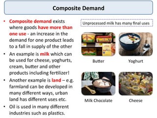 Composite	
  Demand	
  
•  Composite	
  demand	
  exists	
  
where	
  goods	
  have	
  more	
  than	
  
one	
  use	
  -­‐	
  an	
  increase	
  in	
  the	
  
demand	
  for	
  one	
  product	
  leads	
  
to	
  a	
  fall	
  in	
  supply	
  of	
  the	
  other	
  
•  An	
  example	
  is	
  milk	
  which	
  can	
  
be	
  used	
  for	
  cheese,	
  yoghurts,	
  
cream,	
  bujer	
  and	
  other	
  
products	
  including	
  fer:lizer!	
  	
  
•  Another	
  example	
  is	
  land	
  –	
  e.g.	
  
farmland	
  can	
  be	
  developed	
  in	
  
many	
  diﬀerent	
  ways,	
  urban	
  
land	
  has	
  diﬀerent	
  uses	
  etc.	
  
•  Oil	
  is	
  used	
  in	
  many	
  diﬀerent	
  
industries	
  such	
  as	
  plas:cs.	
  
Bujer	
   Yoghurt	
  
Milk	
  Chocolate	
   Cheese	
  
Unprocessed	
  milk	
  has	
  many	
  ﬁnal	
  uses	
  
 