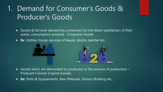 1. Demand for Consumer's Goods &
Producer's Goods
? Goods & Services demand by consumers for the direct satisfaction of their
wants, consumption purpose - Consumer Goods
? Ex: clothes, house, services of lawyer, doctor, teacher etc..
? Goods which are demanded by producers in the process of production C
Producer's Goods (Capital Goods)
? Ex: Tools & Equipements, Raw Materials, Factory Building etc..
 