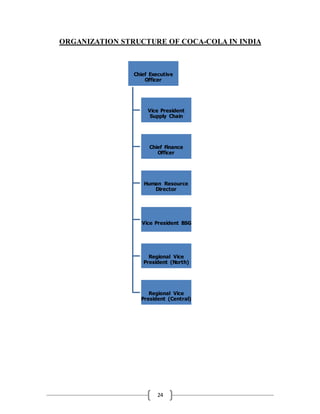 24
ORGANIZATION STRUCTURE OF COCA-COLA IN INDIA
Chief Executive
Officer
Vice President
Supply Chain
Chief Finance
Officer
Human Resource
Director
Vice President BSG
Regional Vice
President (North)
Regional Vice
President (Central)
 