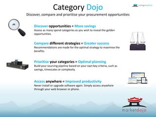 Category Dojo
Discover, compare and prioritise your procurement opportunities
Discover opportunities = More savings
Assess as many spend categories as you wish to reveal the golden
opportunities.
Compare different strategies = Greater success
Recommendations are made for the optimal strategy to maximise the
benefits.
Prioritise your categories = Optimal planning
Build your sourcing pipeline based on your own key criteria, such as
savings, timescales or complexity.
Access anywhere = Improved productivity
Never install or upgrade software again. Simply access anywhere
through your web browser or phone.
 
