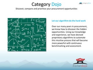 Category Dojo
Discover, compare and prioritise your procurement opportunities
Let our algorithm do the hard work
Over our many years in procurement,
we know how to discover the hidden
opportunities. Using our knowledge
and experience, we have devised
proprietary algorithms to automate
this intuitive process that will become
more powerful with continuous
benchmarking and assessment.
 