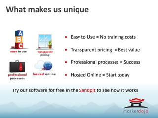 What makes us unique
Easy to Use = No training costs
Transparent pricing = Best value
Professional processes = Success
Hosted Online = Start today
Try our software for free in the Sandpit to see how it works
 