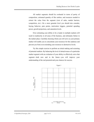 Building Businesses Into Market Leaders
All market segments should be evaluated in terms of purity of
composition, estimated quantity of like entities, and resources needed to
extract the value from the segment (cost of sales, market barriers,
competition, etc.). On a more granular level you should also consider,
buying behavior, pain points, motivation triggers, potential spending
power, growth projections, and saturation levels.
Over estimating your ability to be a leader in multiple markets will
result in mediocrity in all areas of the business, and ultimately failure in
the market place. Carefully choosing whom you will serve as your primary
market will enable you to concentrate your resources for this audience and
prevent you from over-extending your resources to destructive levels.
Try this simple exercise to perform an initial ranking and screening
of potential markets. By balancing the level of attractiveness of a particular
market segment with an evaluation of your ability to effectively serve that
segment—both now and in the future—you will improve your
understanding of the real potential and your chances for success.
Figure 1
Level of Market Attractiveness
Low / Moderate / High
Low/Moderate/High
AbilitytoDeliverSolution
©AlphaBrand Strategies, 2001 page 9 of 21 09/14/01
 