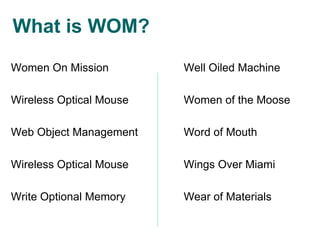 What is WOM?
Women On Mission         Well Oiled Machine

Wireless Optical Mouse   Women of the Moose

Web Object Management    Word of Mouth

Wireless Optical Mouse   Wings Over Miami

Write Optional Memory    Wear of Materials
 