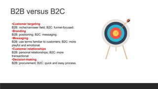 B2B versus B2C
•Customer targeting
B2B: niche/narrower field; B2C: funnel-focused.
•Branding
B2B: positioning; B2C: messaging.
•Messaging
B2B: use terms familiar to customers; B2C: more
playful and emotional.
•Customer relationships
B2B: personal relationships; B2C: more
transactional.
•Decision-making
B2B: procurement; B2C: quick and easy process.
 