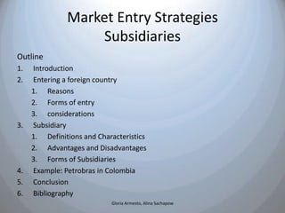 Market Entry Strategies
                    Subsidiaries
Outline
1.   Introduction
2.   Entering a foreign country
     1....