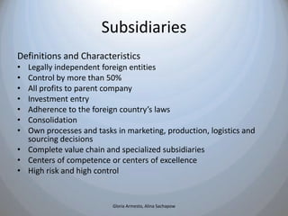 Subsidiaries
Definitions and Characteristics
• Legally independent foreign entities
• Control by more than 50%
• All profi...