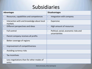 Subsidiaries
Advantages                                            Disadvantages
-   Resources, capabilities and competenc...