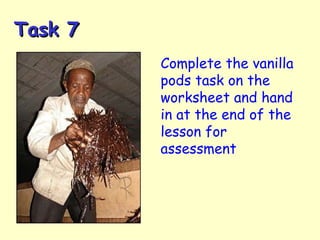 Task 7Task 7
Complete the vanilla
pods task on the
worksheet and hand
in at the end of the
lesson for
assessment
 
