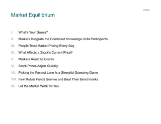 DV1000.2

Market Equilibrium

I.

What’s Your Guess?

II.

Markets Integrate the Combined Knowledge of All Participants

III.

People Trust Market Pricing Every Day

IV.

What Affects a Stock’s Current Price?

V.

Markets React to Events

VI.

Stock Prices Adjust Quickly

VII. Picking the Fastest Lane Is a Stressful Guessing Game
VIII. Few Mutual Funds Survive and Beat Their Benchmarks
IX.

Let the Market Work for You

 