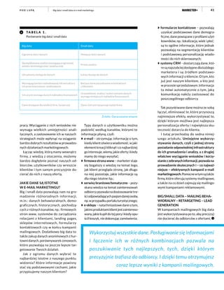41
pracy. Wyciąganie z nich wniosków nie
wymaga wielkich umiejętności anali-
tycznych, a zastosowanie ich w naszych
strategiach może wpłynąć na osiąganie
bardzo dobrych rezultatów w prowadzo-
nych działaniach marketingowych.
Łącząc wiedzę, którą mamy wewnątrz
firmy, z wiedzą z otoczenia, możemy
bardzo dogłębnie poznać naszych od-
biorców, użytkowników czy wreszcie
klientów i tym samym precyzyjnie do-
cierać do nich z naszą ofertą.
JAKIE DANE SĄ ISTOTNE
W E-MAIL MARKETINGU? 	
Big i small data pozwalają nam na gro-
madzenie różnorodnych informacji,
m.in.: danych behawioralnych, demo-
graficznych, historycznych, pochodzą-
cych z różnych kanałów, np.: firmowych
stron www, systemów do zarządzania
relacjami z klientami, landing pages,
sklepów internetowych, formularzy
kontaktowych czy w końcu kampanii
mailingowych. Dodatkowo big data to
także zakup danych anonimowych z hur-
towni danych, porównywarek cenowych,
które pozwalają na jeszcze lepsze tar-
getowanie Twoich działań.
Jak z ogromu danych wybrać te
najbardziej istotne z naszego punktu
widzenia? Które informacje powinny
stać się podstawowymi cechami, jakie
przypisujemy naszym klientom?
Typy danych o użytkowniku można
podzielić według kanałów, którymi te
informacje płyną, czyli:
e-mail – otrzymując informację o tym,
kiedyklientotwierawiadomość,wjaki
elementkreacjikliknąłiconajbardziej
gointeresuje,wiemy,jakieofertyikiedy
mamy do niego wysyłać;
firmowastronawww–marketerstaje
się bogatszy o wiedzę na temat tego,
jak klient przegląda stronę, jak długo
na niej pozostaje, jakie informacje są
dla niego istotne itp.;
serwisybranżowe/tematyczne–pozy-
skana wiedza na temat zainteresowań
odbiorcypozwalanadostosowanietre-
ściodpowiadającychpasjomdanejosoby,
np.wprzypadkuportaluturystycznego;
e-sklepy–natychmiastowedaneotym,
jakimiproduktamiklientjestzaintereso-
wany,jakiekupiłdotejporyikiedyopu-
ściłkoszyk,niedokonujączamówienia;
formularze kontaktowe – pozwalają
uzyskać podstawowe dane demogra-
ficzne,danepowiązanezprofilamiużyt-
kowników, np.: lokalizacja, wiek i płeć;
są to ogólne informacje, które jednak
pozwalają na segmentację klientów
i podstawową personalizację wiado-
mości do nich skierowanych;
systemy CRM – dostarczają dane, któ-
resąnajszybciejdostępnedlakażdego
marketera i są źródłem podstawo-
wych informacji o kliencie. O tym, kto
już jest naszym klientem, a kto jest
wprocesiesprzedażowym.Informacja
ta mówi automatycznie o tym, jaką
komunikację należy zastosować do
poszczególnego odbiorcy.
Tak pozyskiwane dane można ze sobą
łączyć, eliminować te, które przynoszą
najmniejsze efekty, wykorzystywać te,
dzięki którym możliwa jest najlepsza
personalizacja oferty i największa sku-
teczność dotarcia do klienta.
I tutaj przechodzę do sedna niniej-
szego artykułu. Umiejętne wykorzy-
stywanie danych, czyli z jednej strony
posiadanieodpowiedniejinfrastruktury
do ich gromadzenia i analizy, a z drugiej
właściwe wyciąganie wniosków i korzy-
staniezzebranychinformacji,pozwalana
prowadzenie skutecznych i – co najważ-
niejsze – efektywnych kampanii e-mail
marketingowych.Pomocnewtymsątakże
firmy, które oferują systemy mailingowe,
a także na co dzień zajmują się mailingo-
wymi kampaniami reklamowymi.
BIG/SMALL DATA – MAILING BEHA-
WIORALNY – RETARGETING – LEAD
GENERATION
W kampaniach mailingowych big data
jest wykorzystywana po to, aby precyzyj-
nie docierać do odbiorców z ofertami,
Big data i small data w e-mail marketinguP O D L U PĄ
Wykorzystuj wszystkie dane. Posługiwanie się informacjami
i łączenie ich w różnych kombinacjach pozwala na
poszukiwanie tych najlepszych, tych, dzięki którym
precyzyjnie trafiasz do odbiorcy. I dzięki temu otrzymujesz
coraz lepsze wyniki z kampanii mailingowych.
TA B E L A 1 .
Porównanie big data i small data
Źródło: Opracowanie własne
Big data Small data
Ogromne ilości danych Mniejsze ilości danych
Skomplikowana analiza wymagająca ogromnej
wiedzy technologicznej i analitycznej
Prosta analiza
Utrudniony dostęp do danych Łatwy dostęp do danych
Wymagają bardzo rozbudowanej infrastruktury
ich przechowywania i analizowania
Bieżące dane pozyskiwane w kontaktach
z klientami
Ich użycie wymaga dużych nakładów finansowych
Gromadzenie, analiza i wykorzystanie danych
wymaga mniejszych nakładów finansowych
Dane dostępne dla wielkich firm, korporacji Dane, którymi dysponuje każda firma
 