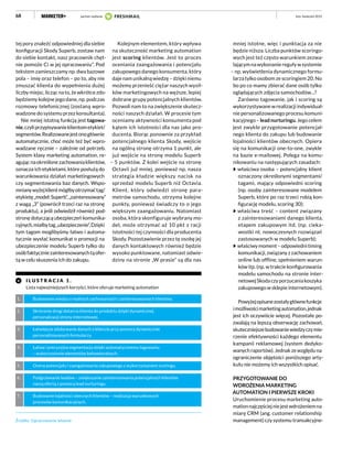 68
tej pory znaleźć odpowiedniej dla siebie
konfiguracji Skody Superb, zostaw nam
do siebie kontakt, nasz pracownik chęt-
nie pomoże Ci w jej opracowaniu”. Pod
tekstem zamieszczamy np. dwa bazowe
pola – imię oraz telefon – po to, aby nie
zmuszać klienta do wypełnienia dużej
liczby miejsc, licząc na to, że wkrótce zdo-
będziemy kolejne jego dane, np. podczas
rozmowy telefonicznej (zostaną wpro-
wadzone do systemu przez konsultanta).
Nie mniej istotną funkcją jest tagowa-
nie,czyliprzypisywanieklientometykiet/
segmentów.Realizowanejestonogłównie
automatycznie, choć może też być wpro-
wadzane ręcznie – zależnie od potrzeb.
System klasy marketing automation, re-
agującnaokreślonezachowaniaklientów,
oznacza ich etykietami, które posłużą do
warunkowania działań marketingowych
czy segmentowania baz danych. Wspo-
mnianywyżejklientmógłbyotrzymaćtag/
etykietę„model:Superb”,„zainteresowany”
z wagą „3” (powrócił trzeci raz na stronę
produktu), a jeśli odwiedził również pod-
stronę dotyczącą ubezpieczeń komunika-
cyjnych,miałbytag„ubezpieczenie”.Dzięki
tym tagom moglibyśmy łatwo i automa-
tycznie wysłać komunikat o promocji na
ubezpieczenie modelu Superb tylko do
osóbfaktyczniezainteresowanychtąofer-
tą w celu skuszenia ich do zakupu.
Kolejnym elementem, który wpływa
na skuteczność marketing automation
jest scoring klientów. Jest to proces
oceniania zaangażowania i potencjału
zakupowego danego konsumenta, który
daje nam unikalną wiedzę – dzięki niemu
możemy przenieść ciężar naszych wysił-
ków marketingowych na węższe, lepiej
dobrane grupy potencjalnych klientów.
Pozwoli nam to na zwiększenie skutecz-
ności naszych działań. W procesie tym
oceniamy aktywności konsumenta pod
kątem ich istotności dla nas jako pro-
ducenta. Biorąc ponownie za przykład
potencjalnego klienta Skody, wejście
na ogólną stronę otrzyma 1 punkt, ale
już wejście na stronę modelu Superb
– 5 punktów. Z kolei wejście na stronę
Octavii już mniej, ponieważ np. nasza
strategia kładzie większy nacisk na
sprzedaż modelu Superb niż Octavia.
Klient, który odwiedzi stronę para-
metrów samochodu, otrzyma kolejne
punkty, ponieważ świadczy to o jego
większym zaangażowaniu. Natomiast
osoba, która skonfiguruje wybrany mo-
del, może otrzymać aż 10 pkt z racji
istotności tej czynności dla producenta
Skody. Pozostawienie przez tę osobę jej
danych kontaktowych również będzie
wysoko punktowane, natomiast odwie-
dziny na stronie „W prasie” są dla nas
mniej istotne, więc i punktacja za nie
będzie niższa. Liczba punktów scoringo-
wych jest też często warunkiem zezwa-
lającym nawykonaniereguływsystemie
– np. wyświetlenia dynamicznego formu-
larza tylko osobom ze scoringiem 20. No
bo po co mamy zbierać dane osób tylko
oglądających zdjęcia samochodów...?
Zarówno tagowanie, jak i scoring są
wykorzystywane w realizacji indywidual-
nie personalizowanego procesu komuni-
kacyjnego – lead nurturingu. Jego celem
jest zwykle przygotowanie potencjal-
nego klienta do zakupu lub budowanie
lojalności klientów obecnych. Opiera
się na komunikacji one-to-one, zwykle
na bazie e-mailowej. Polega na komu-
nikowaniu na następujących zasadach:
właściwa osoba – potencjalny klient
oznaczony określonymi segmentami/
tagami, mający odpowiedni scoring
(np. osoby zainteresowane modelem
Superb, które po raz trzeci robią kon-
figurację modelu, scoring 30);
właściwa treść – content związany
z zainteresowaniami danego klienta,
etapem zakupowym itd. (np. cieka-
wostki nt. nowoczesnych rozwiązań
zastosowanych w modelu Superb);
właściwymoment–odpowiednitiming
komunikacji,związanyzzachowaniem
online lub offline, spełnieniem warun-
ków itp. (np. w trakcie konfigurowania
modelu samochodu na stronie inter-
netowejSkodaczyporzucaniakoszyka
zakupowegowsklepieinternetowym).
Powyżejopisanezostałygłównefunkcje
imożliwościmarketingautomation,jednak
jest ich oczywiście więcej. Pozostałe po-
zwalają na lepszą obserwację zachowań,
skuteczniejszebudowaniewiedzyczymie-
rzenie efektywności każdego elementu
kampanii reklamowej (system dedyko-
wanychraportów).Jednakzewzględuna
ograniczenie objętości poniższego arty-
kułu nie możemy ich wszystkich opisać.
PRZYGOTOWANIE DO
WDROŻENIA MARKETING
AUTOMATION I PIERWSZE KROKI
Uruchomienie procesu marketing auto-
mationnajczęściejniejestwdrożeniemna
miarę CRM (ang. customer relationship
management) czy systemu transakcyjne-
I L U STR A C J A 1 .
Lista najważniejszych korzyści, które oferuje marketing automation
Źródło: Opracowanie własne
Budowanie wiedzy o realnych zachowaniach i zainteresowaniach klientów.
Skrócenie drogi dotarcia klienta do produktu dzięki dynamicznej
personalizacji strony internetowej.
Łatwiejsze zdobywanie danych o kliencie przy pomocy dynamicznie
personalizowanych formularzy.
Łatwa i precyzyjna segmentacja dzięki automatycznemu tagowaniu
– wykorzystanie elementów behawioralnych.
Ocena potencjału i zaangażowania zakupowego z wykorzystaniem scoringu.
Podgrzewanie leadów – zwiększanie zainteresowania potencjalnych klientów
naszą ofertą z pomocą lead nurturingu.
Budowanie lojalności obecnych klientów – realizacja warunkowych
procesów komunikacyjnych.
1.
2.
3.
4.
5.
6.
7.
luty–kwiecień 2015partner wydania
 