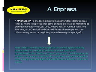A Empresa A  MARKETERIA  foi criada em cima de uma oportunidade identificada ao longo da minha vida profissional, como principal executivo de marketing de grandes empresas como Coca Cola, Ambev, Ralston Purina, Bridgestone Firestone, Arch Chemicals and OceanAir linhas aéreas (experiencia em diferentes segmentos de negócios), resumida no seguinte parágrafo: Forte carência no mercado em agências de comunicação/marketing, preocupadas com o negócio do cliente, em criar valor para o produto/serviço dos clientes, em gerar mais vendas, mais frequência de compra, em aumentar a intenção de compra dos consumidores(publico alvo), ou seja, estar interligada profundamente na vida do e na alma do cliente 