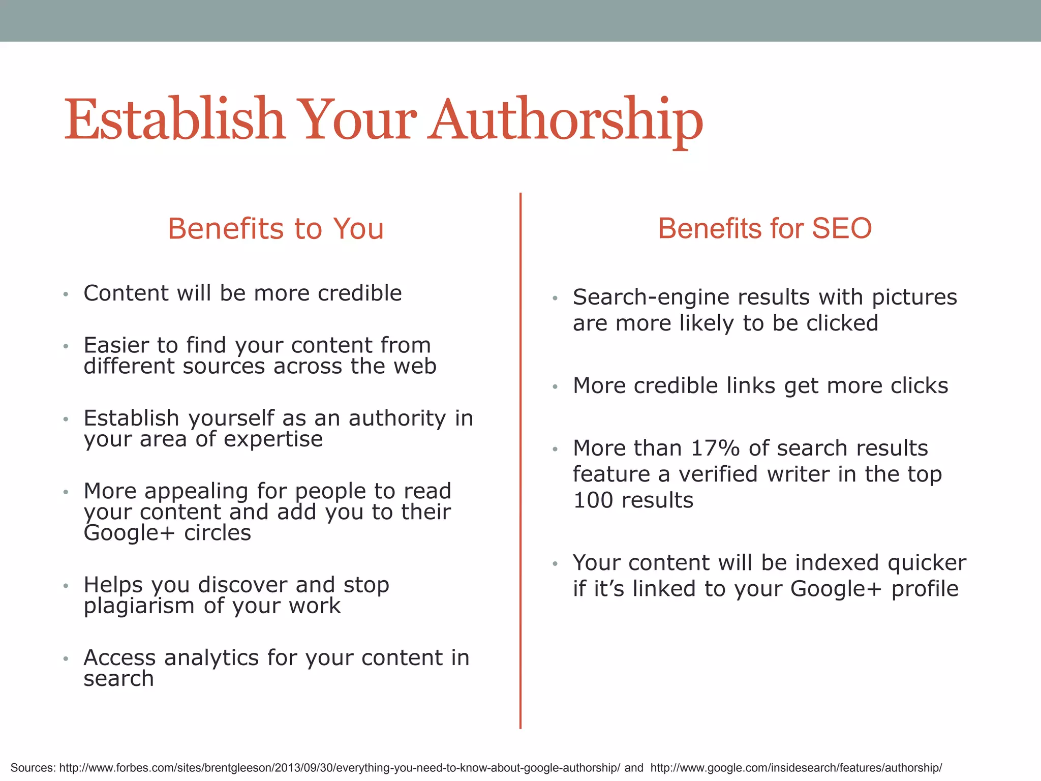 Establish Your Authorship
Benefits to You
• Content will be more credible
• Easier to find your content from

different sources across the web

Benefits for SEO
• Search-engine results with pictures

are more likely to be clicked

• More credible links get more clicks

• Establish yourself as an authority in

your area of expertise

• More appealing for people to read

your content and add you to their
Google+ circles

• Helps you discover and stop

plagiarism of your work

• More than 17% of search results

feature a verified writer in the top
100 results

• Your content will be indexed quicker

if it‟s linked to your Google+ profile

• Access analytics for your content in

search

Sources: http://www.forbes.com/sites/brentgleeson/2013/09/30/everything-you-need-to-know-about-google-authorship/ and http://www.google.com/insidesearch/features/authorship/

 