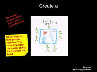 Create a




Social objects
bind people
together. The
more important
the social object,
 the stronger the
 bond




                                          Taru Jain
                                tarujain@gmail.com
 