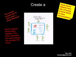 Create a      Good
                                  objec social
                                         ts
                                 lots o have
                                        f
                                 aroun hooks
                                        d
                                to sta which
                                      r
                                conv t
                                     ersat
                                            ions




Social objects
bind people
together. The
more important
the social object,
 the stronger the
 bond




                                          Taru Jain
                                tarujain@gmail.com
 