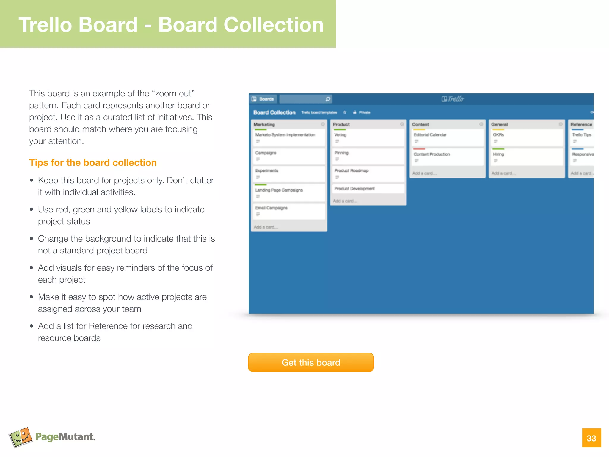 Trello Board - Board Collection
33
This board is an example of the “zoom out”
pattern. Each card represents another board or
project. Use it as a curated list of initiatives. This
board should match where you are focusing
your attention.
Tips for the board collection
• Keep this board for projects only. Don’t clutter
it with individual activities.
• Use red, green and yellow labels to indicate
project status
• Change the background to indicate that this is
not a standard project board
• Add visuals for easy reminders of the focus of
each project
• Make it easy to spot how active projects are
assigned across your team
• Add a list for Reference for research and
resource boards
Get this board
 