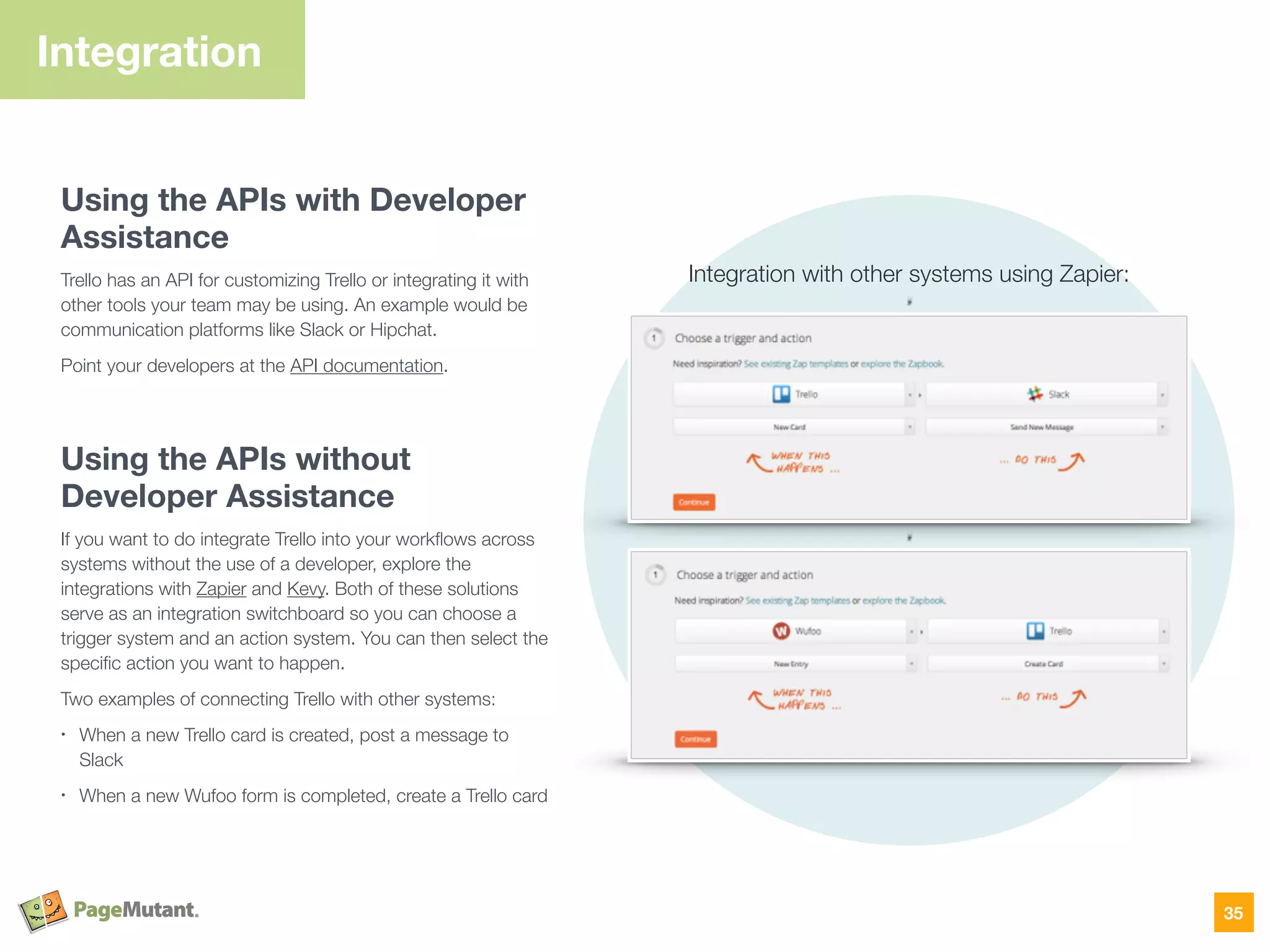 Integration
Using the APIs with Developer
Assistance
Trello has an API for customizing Trello or integrating it with
other tools your team may be using. An example would be
communication platforms like Slack or Hipchat.
Point your developers at the API documentation.
Using the APIs without
Developer Assistance
If you want to do integrate Trello into your workﬂows across
systems without the use of a developer, explore the
integrations with Zapier and Kevy. Both of these solutions
serve as an integration switchboard so you can choose a
trigger system and an action system. You can then select the
speciﬁc action you want to happen.
Two examples of connecting Trello with other systems:
• When a new Trello card is created, post a message to
Slack
• When a new Wufoo form is completed, create a Trello card
35
Integration with other systems using Zapier:
 