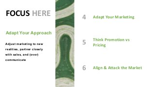 FOCUS HERE
Adapt Your Approach
4 Adapt Your Marketing
5
Think Promotion vs
Pricing
6 Align & Attack the Market
Adjust mark...