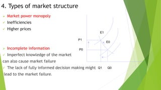 4. Types of market structure
 Market power monopoly
 Inefficiencies
 Higher prices
 Incomplete information
 Imperfect knowledge of the market
can also cause market failure
 The lack of fully informed decision making might
lead to the market failure.
P1
P0
Q1 Q0
E0
E1
 
