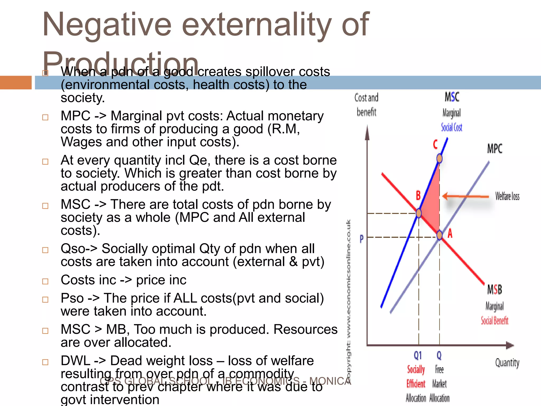 Negative externality of
Production
CPS GLOBAL SCHOOL - IB ECONOMICS - MONICA
When a pdn of a good creates spillover costs
(environmental costs, health costs) to the
society.
MPC -> Marginal pvt costs: Actual monetary
costs to firms of producing a good (R.M,
Wages and other input costs).
At every quantity incl Qe, there is a cost borne
to society. Which is greater than cost borne by
actual producers of the pdt.
MSC -> There are total costs of pdn borne by
society as a whole (MPC and All external
costs).
Qso-> Socially optimal Qty of pdn when all
costs are taken into account (external & pvt)
Costs inc -> price inc
Pso -> The price if ALL costs(pvt and social)
were taken into account.
MSC > MB, Too much is produced. Resources
are over allocated.
DWL -> Dead weight loss – loss of welfare
resulting from over pdn of a commodity
contrast to prev chapter where it was due to
govt intervention