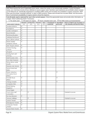 SECTION 3: Seeds and seed treatments                                                                       NOP Rule 205.204
 NOP Rule requires the use of organically grown seeds, unless the variety is not commercially available. If using nonorganic
 seeds, you must have records of your attempts to source organic seed. Synthetic seed treatments are prohibited unless included
 on the National List. Genetically engineered or modiﬁed (GMO) seeds and inoculants are prohibited in organic production. NOP
 Rule uses the phrase “excluded methods” to refer to GMO products. Please save all seed and inoculant labels, and documenta-
 tion of commercial unavailability of organic seeds to show the inspector.
 List all seeds used or planned for use in the current season. Check the appropriate boxes and provide other information as
 needed. Attach additional sheets if necessary.
       No seeds used        All seeds are organic      Some untreated seed used        No GMO seeds purchased/planted
                        ORGANIC    UNTREATED    TREATED    GMO     TYPE/BRAND OF TREATMENT      WHAT ATTEMPTS DID YOU MAKE TO
 SEED/VARIETY/BRAND       ( )        ( )        ( )      ( )   FUNGICIDE   INOCULANT        USE ORGANIC/UNTREATED SEED?

 Zuchini Elite F1       √
 Multipik F1            √
 Golden Scaloppini      √
 Bush Delicata          √
 Buttercup Burgess      √
 Waltham Butternut      √
 Aust. Yellow Lettuce   √
 Black-Seeded           √
 Simpson Lettuce
         Lettuc
 Deer Tongue Lettuce    √
 Winter Density         √
 Lettuce
 Arugula                √
 Dandy Red Leaf         √
 Chicory
 Red Russian Kale       √
 Full Heart Escarole    √
 Early Yellow Globe     √
 Onion
 Danvers 126 Carrots    √
 Detroit Dark Red       √
 Beets
 Black Valentine        √                                                         √
 Stringless Bush
 Beans
 Provider Bush          √                                                         √
 Beans
 Mandy Cowpeas          √                                                         √
 Miragreen Peas         √
 Black Beauty           √
 Eggplant
 Orion Pepper           √
 H-19 Little Leaf                  √                                                            Checked 3 sources
 Cucumbers
 De Cicco Broccoli      √
 Hermes Cabbage                    √                                                            Checked 3 sources
 Glacier Tomato         √
 Brandywine Tomato      √
 Arkansas Traveler      √
 Tomato
 Amish Paste Tomato     √

Page 16                                                              Organic System Plans: Market Farms and Greenhouses
 