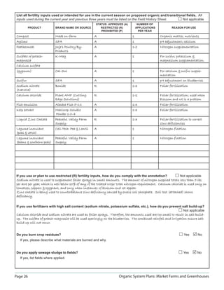List all fertility inputs used or intended for use in the current season on proposed organic and transitional ﬁelds. All
 inputs used during the current year and previous three years must be listed on the Field History Sheet.    Not applicable
                                                        STATUS: APPROVED (A)          NUMBER OF
          PRODUCT           BRAND NAME OR SOURCE           RESTRICTED (R)            APPLICATIONS           REASON FOR USE
                                                           PROHIBITED (P)              PER YEAR

 Compost                    Made on-farm              A                          1                  Organic matter, nutrients
 Aglime                     SFA                       A                          1                  pH adjustment; calcium
 Feathermeal                Jorje’s Poultry By-       A                          1-2                Nitrogen supplementation
                            Products
 Sulfate of potash-         K-Mag                     A                          1                  For sulfur, potassium 
 magnesia                                                                                           magnesium supplementation.
 Calcium sulfate
 (gypsum)                   Cal-Sul                   A                          1                  For calcium  sulfur supple-
                                                                                                    mentation
 Sulfur                     SFA                       A                          1                  pH adjustment on blueberries
 Sodium nitrate             Bonide                    R                          1-3                Foliar fertilization
 (NaNO3)
 Calcium chloride           Plant AMP (Cutting        R                          1-2                Foliar fertilization; used when
                            Edge Solutions)                                                         blossom end rot is a problem
 Fish emulsion              Alaska Fish 5-1-1         A                          1-3                Foliar fertilization
 Kelp extract               Maxicrop Soluble          A                          1-3                Foliar fertilization
                            Powder 1-0-4
 Liquid Zinc Chelate        Peaceful Valley Farm      R                          1-3                Foliar fertilization to correct
                            Supply                                                                  zinc deficiencies
 Legume inoculant           Cell-Tech: Pea  Lentil   A                          1                  Nitrogen fixation
 (peas  vetch)
 Legume inoculant           Peaceful Valley Farm      A                          1                  Nitrogen fixation
 (beans  southern peas)    Supply




 If you use or plan to use restricted (R) fertility inputs, how do you comply with the annotation?                Not applicable
 Sodium nitrate is used to supplement foliar sprays in small amounts. The amount of nitrogen supplied totals less than 5 lbs
 per acre per year, which is well below 20% of any of the treated crops’ total nitrogen requirement. Calcium chloride is used only on
 tomatoes, peppers  eggplant, and only when instances of blossom-end rot appear.
 Zinc chelate is being used to counterbalance zinc deficiency caused by excess soil phosphate. Soil test (attached) shows
 deficiency.

 If you use fertilizers with high salt content (sodium nitrate, potassium sulfate, etc.), how do you prevent salt build-up?
                                                                                                              Not applicable
 Calcium chloride and sodium nitrate are used as foliar sprays. Therefore, the amounts used are too small to result in salt build-
 up. The sulfate of potash-magnesia will be used sparingly on the blueberries. The combined rainfall and irrigation ensure salt
 build-up will not occur.


 Do you burn crop residues?                                                                                          Yes       No
   If yes, please describe what materials are burned and why.


 Do you apply sewage sludge to ﬁelds?                                                                                Yes       No
   If yes, list ﬁelds where applied.




Page 26                                                                 Organic System Plans: Market Farms and Greenhouses
 