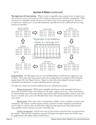 Section 6 Notes (continued)
      The importance of crop rotation. When it comes to vegetable crops, rotation is key to organic con-
      trol of diseases, insects, and weeds, as well as being an important part of fertility management. What
      constitutes an acceptable rotation, however, is not always clear to new organic growers. Because of
      its importance and because it is not well understood, especially by novices, additional notes on crop
      rotation are provided.
               Summer squash/                                                                                                 Beans/
                Winter cover crop                           Sweetpotatoes                                                  Winter cover crop
             2003 A-4 2007 A-8                          2003 A-5 2007                           A-1                     2003 A-6 2007 A-2
             2004 A-3 2008 A-7                          2004 A-4 2008                           A-8                     2004 A-5 2008 A-1
             2005 A-2 2009 A-6                          2005 A-3 2009                           A-7                     2005 A-4 2009 A-8
             2006 A-1 2010 A-5                          2006 A-2 2010                           A-6                     2006 A-3 2010 A-7
                                        Eight-Year Crop Rotation
                                         Fields A-1 through A-8
                                            A-8

                                                      A-7

                                                                A-6

                                                                          A-5

                                                                                    A-4

                                                                                              A-3

                                                                                                        A-2

                                                                                                                  A-1
                   Potatoes/                                                                                                    Tomatoes
                Winter cover crop                                                                                       2003   A-7 2007      A-3
             2003 A-3 2007 A-7                                                                                          2004   A-6 2008      A-2
             2004 A-2 2008 A-6                                                                                          2005   A-5 2009      A-1
             2005 A-1 2009 A-5                                                                                          2006   A-4 2010      A-8
             2006 A-8 2010 A-4                                                                              


                                                                                

                                                             Cole crops/                                                         Peas/
                         Okra
                                                           Winter cover crop                                                   Fall greens
             2003      A-2 2007   A-6
                                                        2003 A-1 2007 A-5                                               2003   A-8 2007      A-4
             2004      A-1 2008   A-5
                                                        2004 A-8 2008 A-4                                               2004   A-7 2008      A-3
             2005      A-8 2009   A-4
                                                        2005 A-7 2009 A-3                                               2005   A-6 2009      A-2
             2006      A-7 2010   A-3
                                                        2006 A-6 2010 A-2                                               2006   A-5 2010      A-1
          Figure 6-a


      Long rotations. The Wannabees have two sets of ﬁelds labeled A and B that have eight-year crop
      rotations. They chose these long rotation cycles after reading about an example in Eliot Coleman’s
      popular book, The New Organic Grower. Figure 6-a shows how they adapted Coleman’s model—
      intended for the Northeast—to their mid-South climate and crops.
      The eight-year rotation has several notable features of a well-planned rotation:
              Disease management. While many vegetable crop diseases can be managed with two or
      three years of rotation, some—like clubroot in cole crops—require seven years. Since most diseases
      are shared among crops of the same family, long rotations allow planting popular relatives more than
      once in a rotation cycle, such as the Wannbees have done with potatoes and tomatoes, both solana-
      ceous crops.
              Weed control. Root crops, such as sweetpotatoes, radishes, carrots, and beets, are poor weed
      competitors. By contrast, summer squash, potatoes, and okra are more competitive and relatively
      easy to mulch or cultivate; they are sometimes called cleaning crops because they help eliminate
      many problem weeds in advance of a more vulnerable crop.
              Fertility management. Several cover crop or green manure crops have been incorporated into
      the rotation. These provide a signiﬁcant amount of nitrogen and organic matter, but fertility must
      be supplemented with added compost and fertilizers.
Page 36                                                                                       Organic System Plans: Market Farms and Greenhouses
 