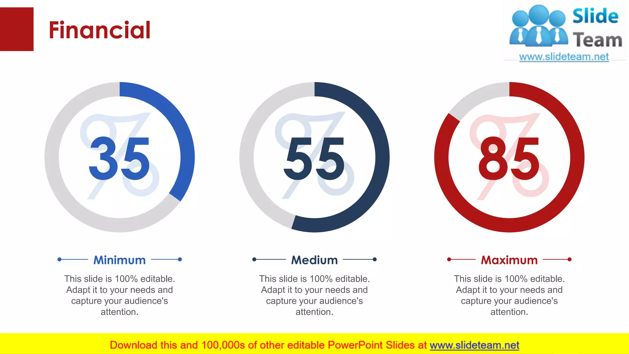 Financial
35 55 85
This slide is 100% editable.
Adapt it to your needs and
capture your audience's
attention.
Minimum
This slide is 100% editable.
Adapt it to your needs and
capture your audience's
attention.
Medium
This slide is 100% editable.
Adapt it to your needs and
capture your audience's
attention.
Maximum
35This graph/chart is linked to excel, and changes automatically based on data. Just left click on it and select “Edit Data”.
 