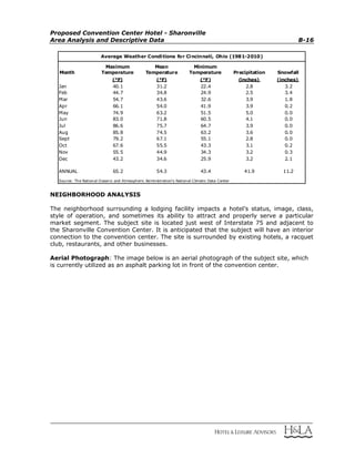 Proposed Convention Center Hotel - Sharonville
Area Analysis and Descriptive Data B-16
Month
Maximum
Temperature
Mean
Temperature
Minimum
Temperature Precipitation Snowfall
(°F) (°F) (°F) (inches) (inches)
Jan 40.1 31.2 22.4 2.8 3.2
Feb 44.7 34.8 24.9 2.5 3.4
Mar 54.7 43.6 32.6 3.9 1.8
Apr 66.1 54.0 41.9 3.9 0.2
May 74.9 63.2 51.5 5.0 0.0
Jun 83.0 71.8 60.5 4.1 0.0
Jul 86.6 75.7 64.7 3.9 0.0
Aug 85.8 74.5 63.2 3.6 0.0
Sept 79.2 67.1 55.1 2.8 0.0
Oct 67.6 55.5 43.3 3.1 0.2
Nov 55.5 44.9 34.3 3.2 0.3
Dec 43.2 34.6 25.9 3.2 2.1
ANNUAL 65.2 54.3 43.4 41.9 11.2
Source: The National Oceanic and Atmospheric Administration's National Climatic Data Center
Average Weather Conditions for Cincinnati, Ohio (1981-2010)
NEIGHBORHOOD ANALYSIS
The neighborhood surrounding a lodging facility impacts a hotel’s status, image, class,
style of operation, and sometimes its ability to attract and properly serve a particular
market segment. The subject site is located just west of Interstate 75 and adjacent to
the Sharonville Convention Center. It is anticipated that the subject will have an interior
connection to the convention center. The site is surrounded by existing hotels, a racquet
club, restaurants, and other businesses.
Aerial Photograph: The image below is an aerial photograph of the subject site, which
is currently utilized as an asphalt parking lot in front of the convention center.
 