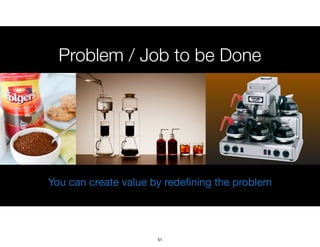 Problem / Job to be Done
You can create value by redeﬁning the problem
51
 