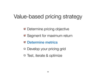 Determine pricing objective
Segment for maximum return
Determine metrics
Develop your pricing grid
Test, iterate & optimiz...